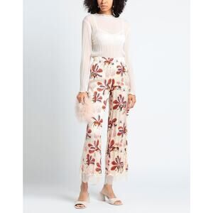 Poupette St Barth Satin Floral Print High Rise Wide Leg Dress Pants Ivory Size S